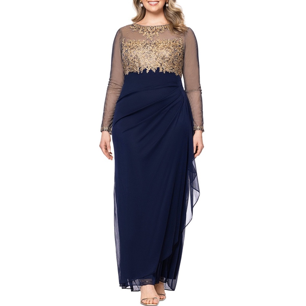 Xscape Gold and Blue Long Sleeve Gown